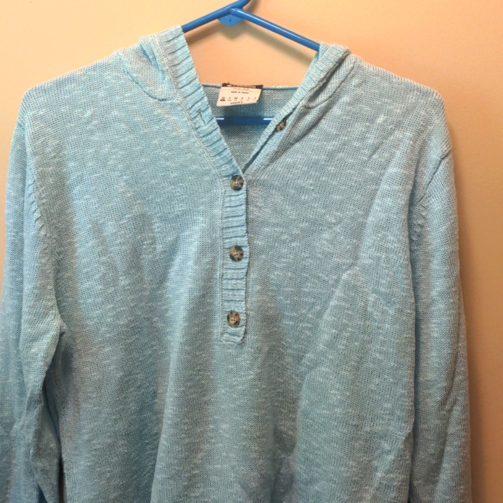 Women's 3 button pullover sweater with hood. Light blue
